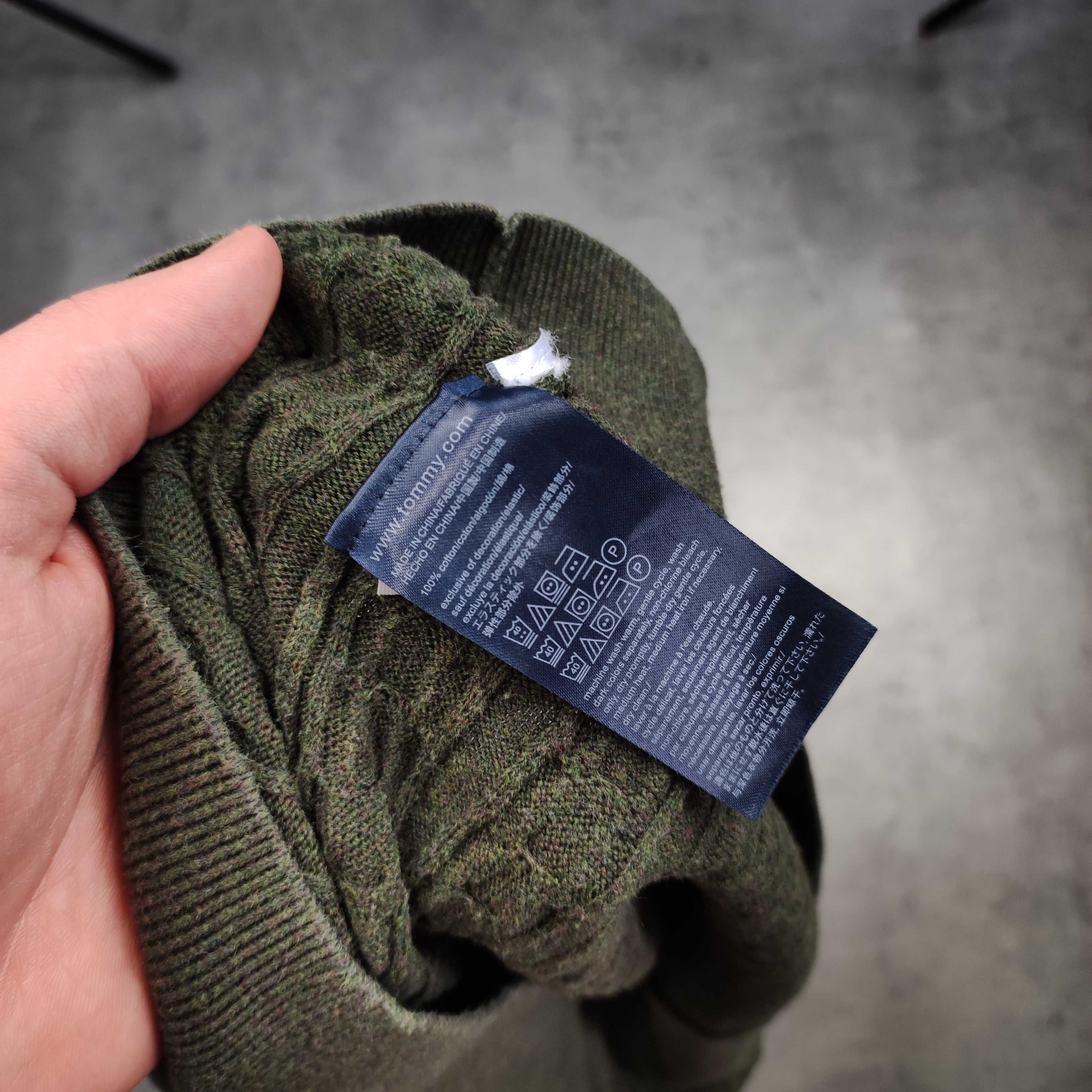 DAMSKI Sweterek Sweter Warkocz Pleciony Tommy Hilfiger Bawełna Khaki