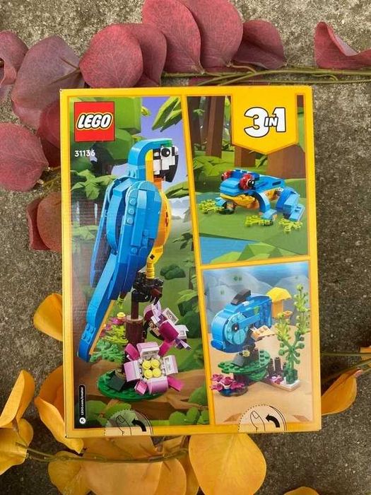 Klocki Lego Zestaw 3 w 1 Papuga Tukan Ryba Żaba Zwierzątka 31136