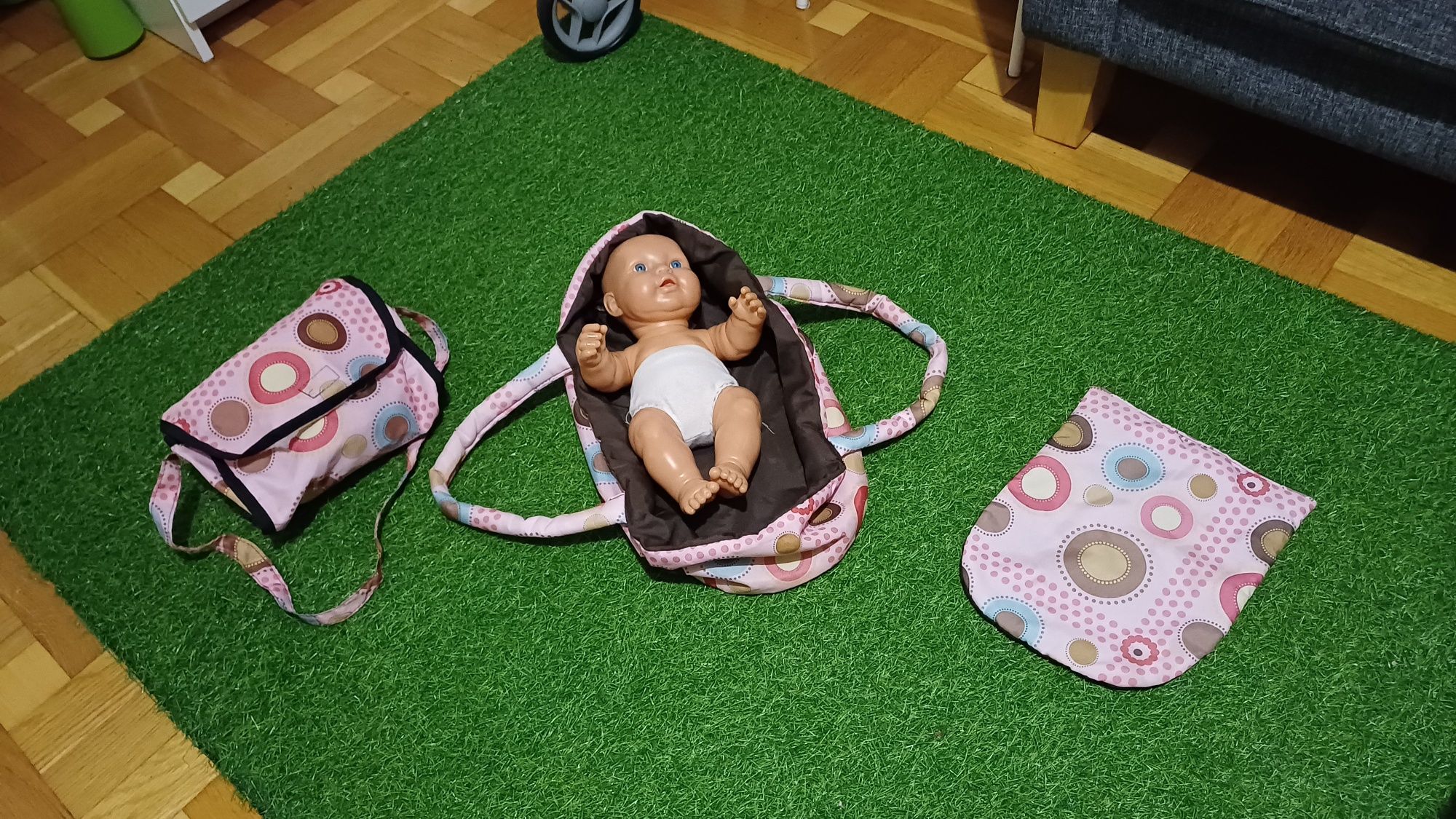 Wózek dla lalek, lalka dzidziuś, torba, nosidełko, ubranka