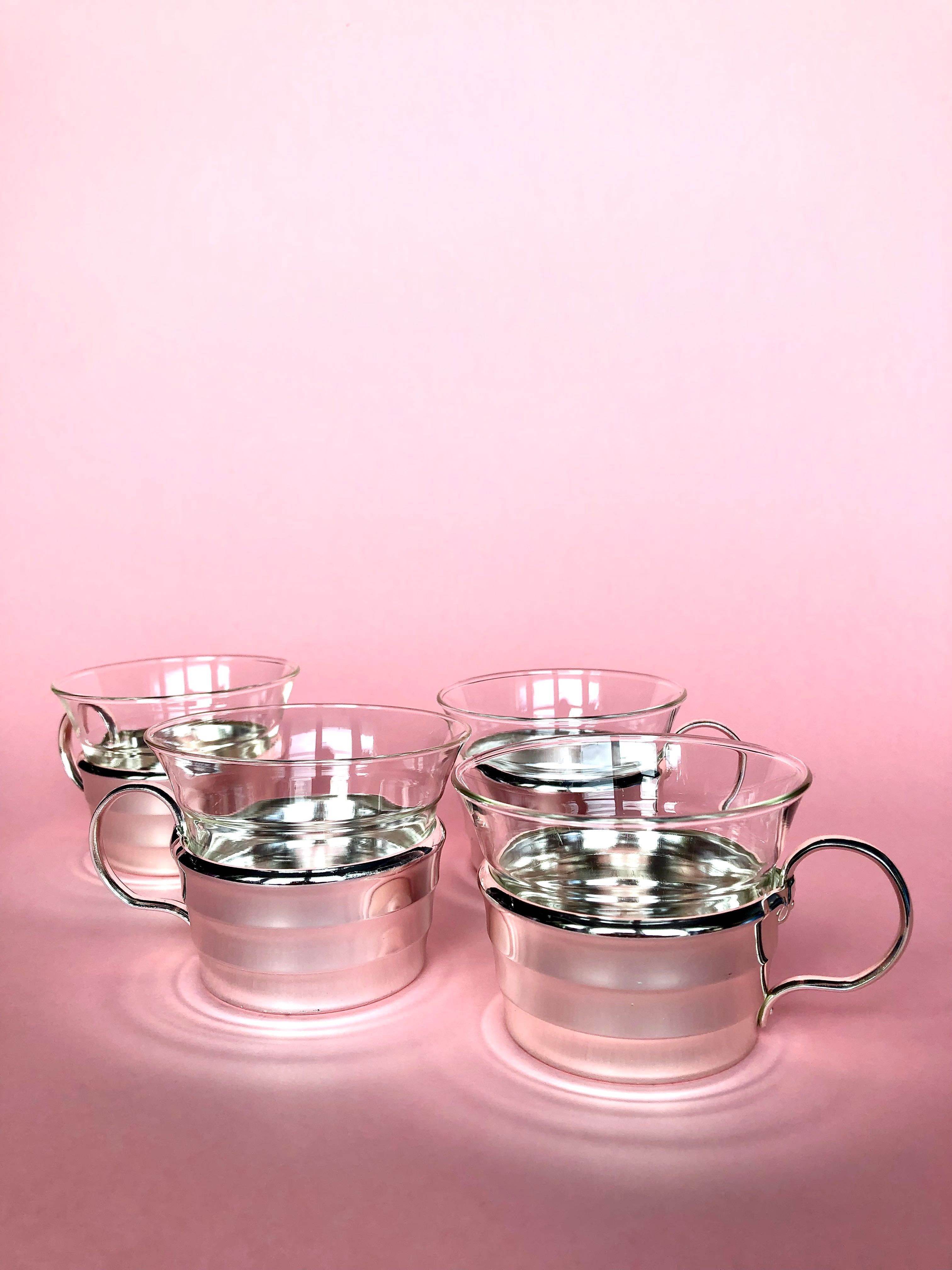 Szklanki w koszyczkach Schott Mainz, Jenaer Glas, West Germany, chrom