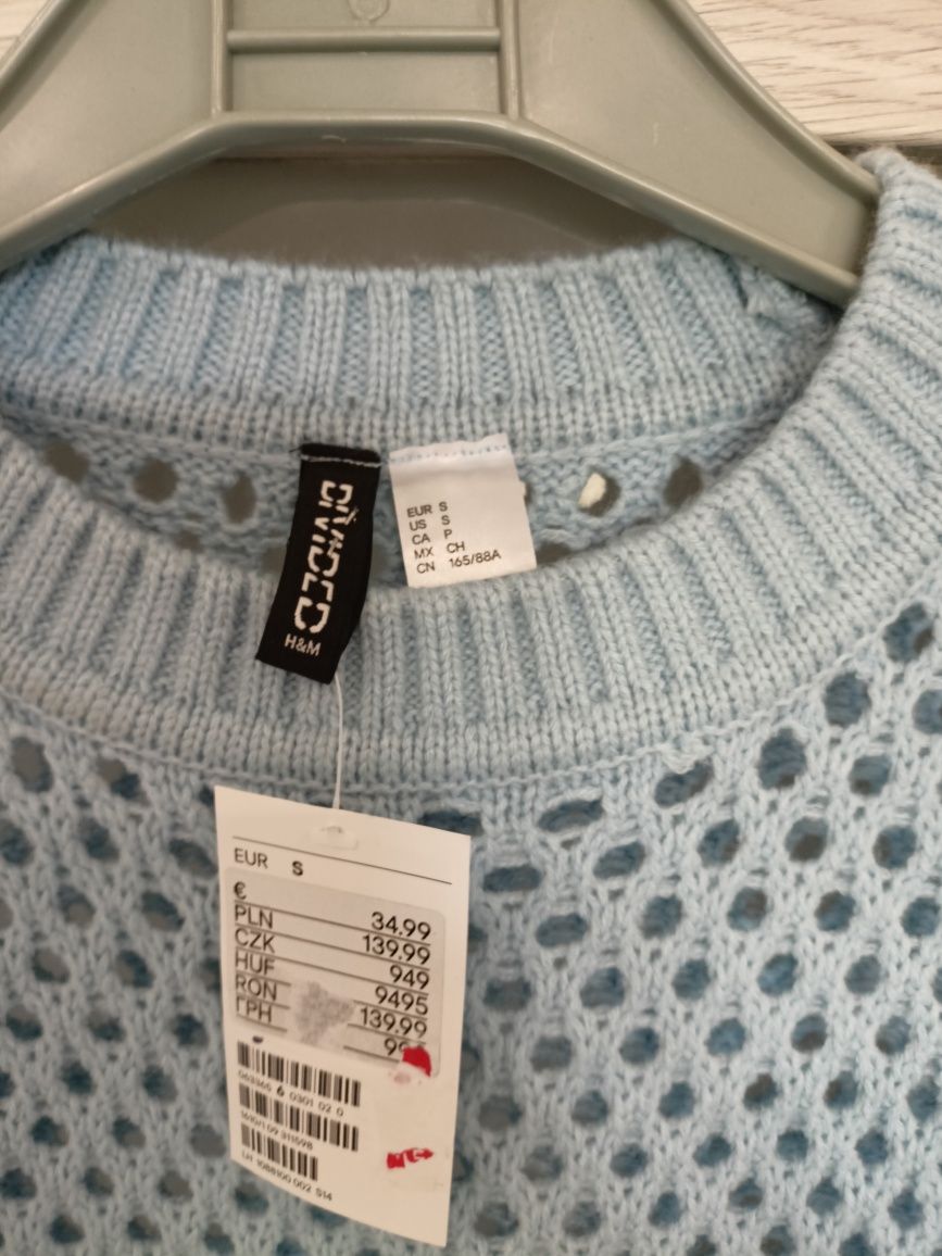 Sweter w ażurowy splot niebieski H&M roz S