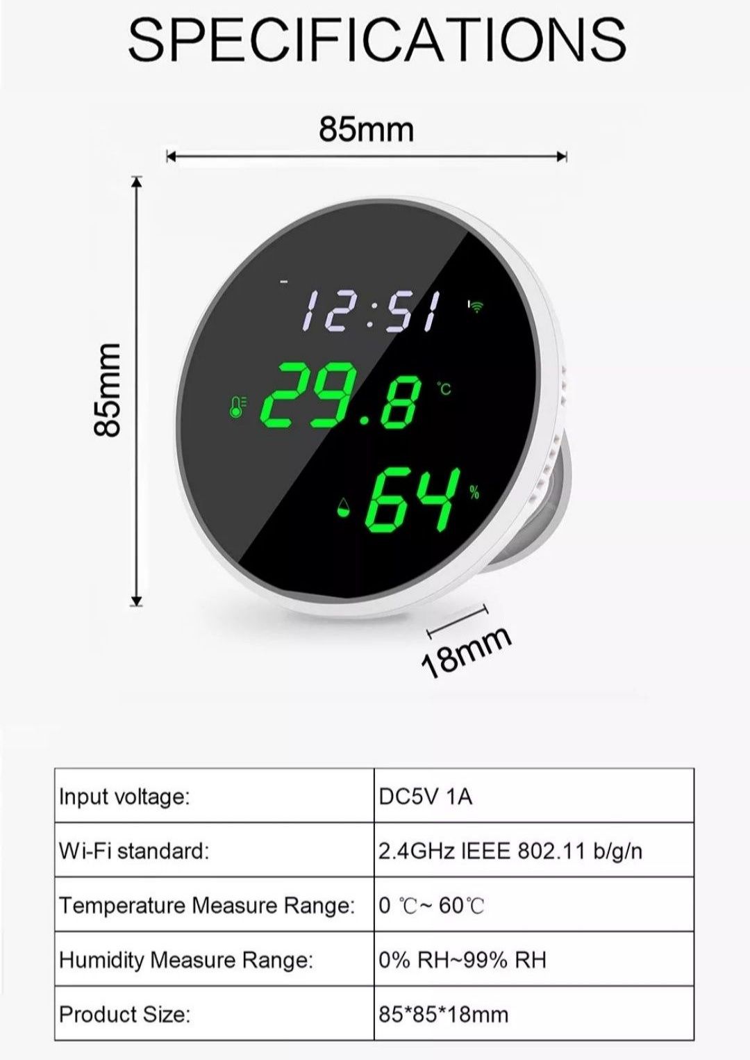 Датчик температури та вологості WiFi, годинник, Tuya Smart life