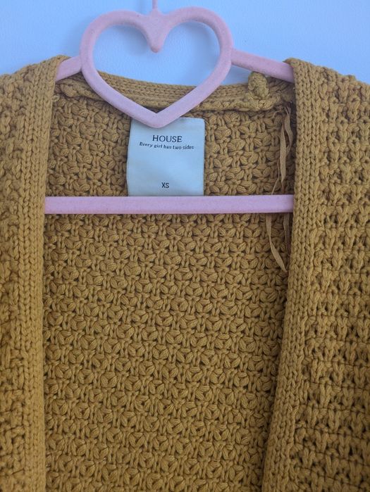 Sweter musztardowy jesienny długi kardigan
