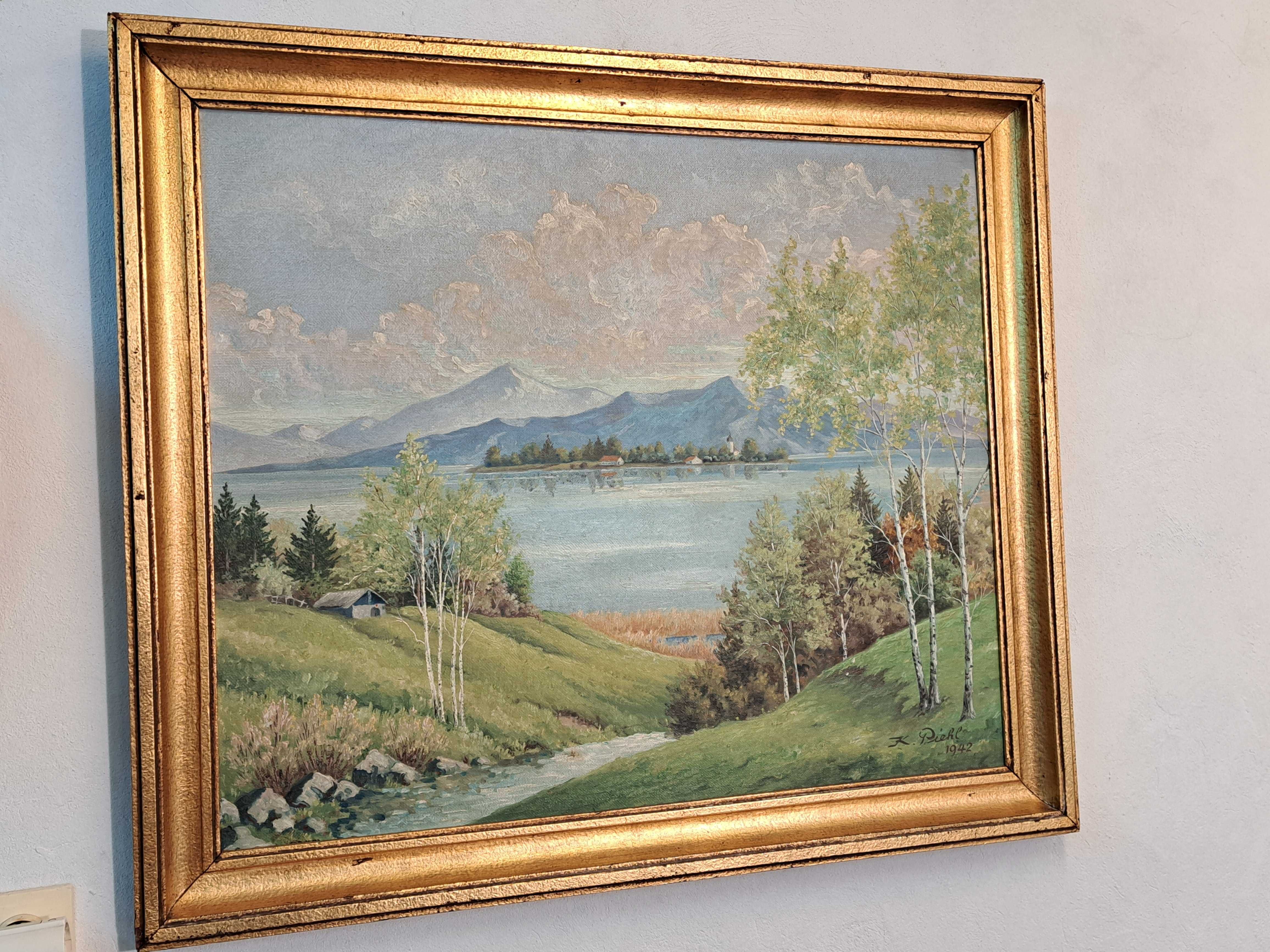 Stary obraz olejny na płycie - KAJ PIEHL 1942 - pejzaż jezioro góry