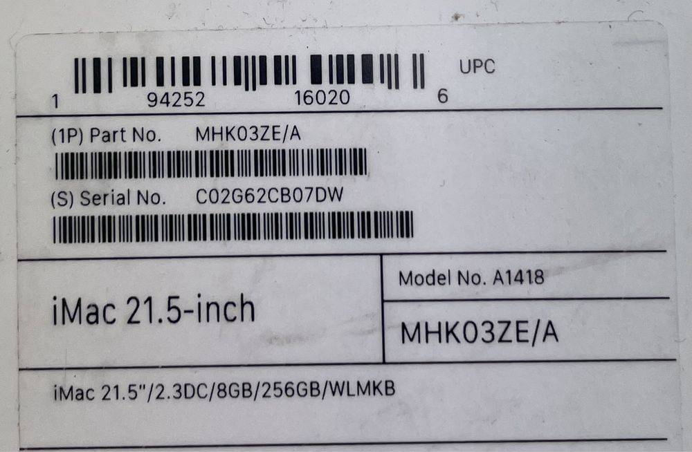 iMac 21.5 8gb 245gb ssd MHK03ZE/A srebrny A1418 - DOSTAWA GRATIS!