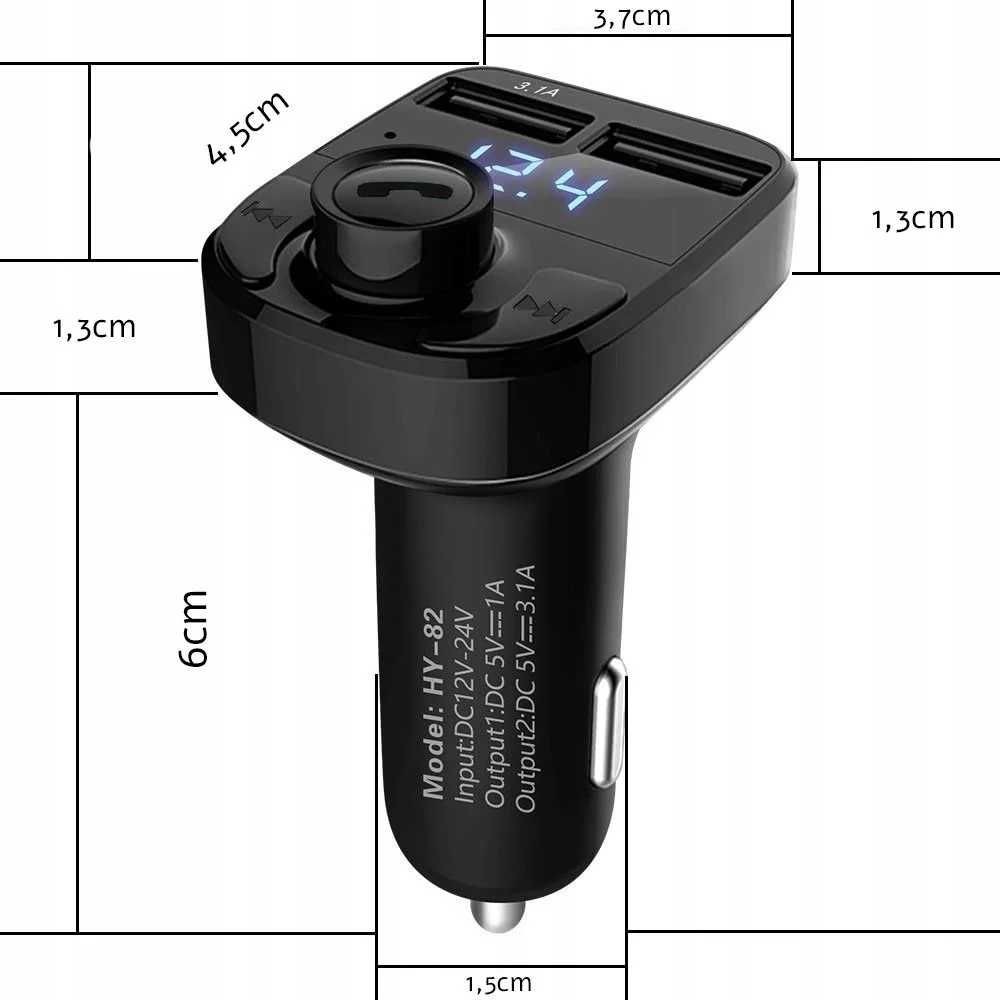 Transmiter samochodowy BLUETOOTH FM MP3 2xUSB, Voltomierz