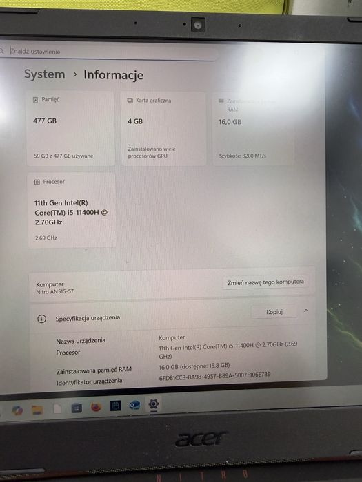 Acer nitro 5 an515-57 i5 11 gen 16gb rtx 3050ti 4gb 512ssd