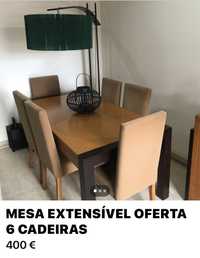 Mesa extensível de madeira maciça OFERTA 6 CADEIRAS