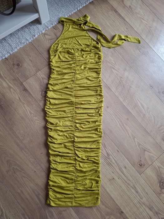 Rozmiar S, ASOS dopasowana oliwkowa sukienka midi, marszczona sukienka