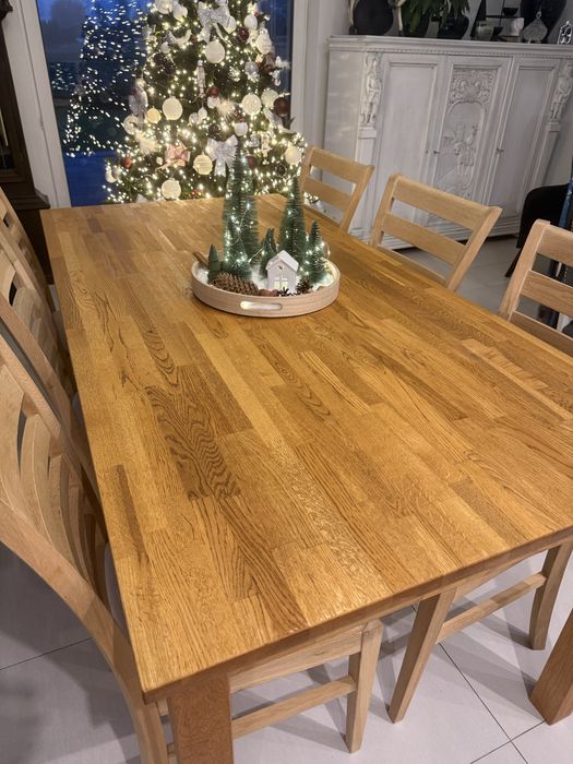 Stół bębowy z  6 dębowymi krzesłami