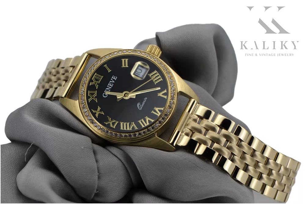 Złoty zegarek damski 14k z czarną tarczą Geneve lw078ydbc&lbw008y P