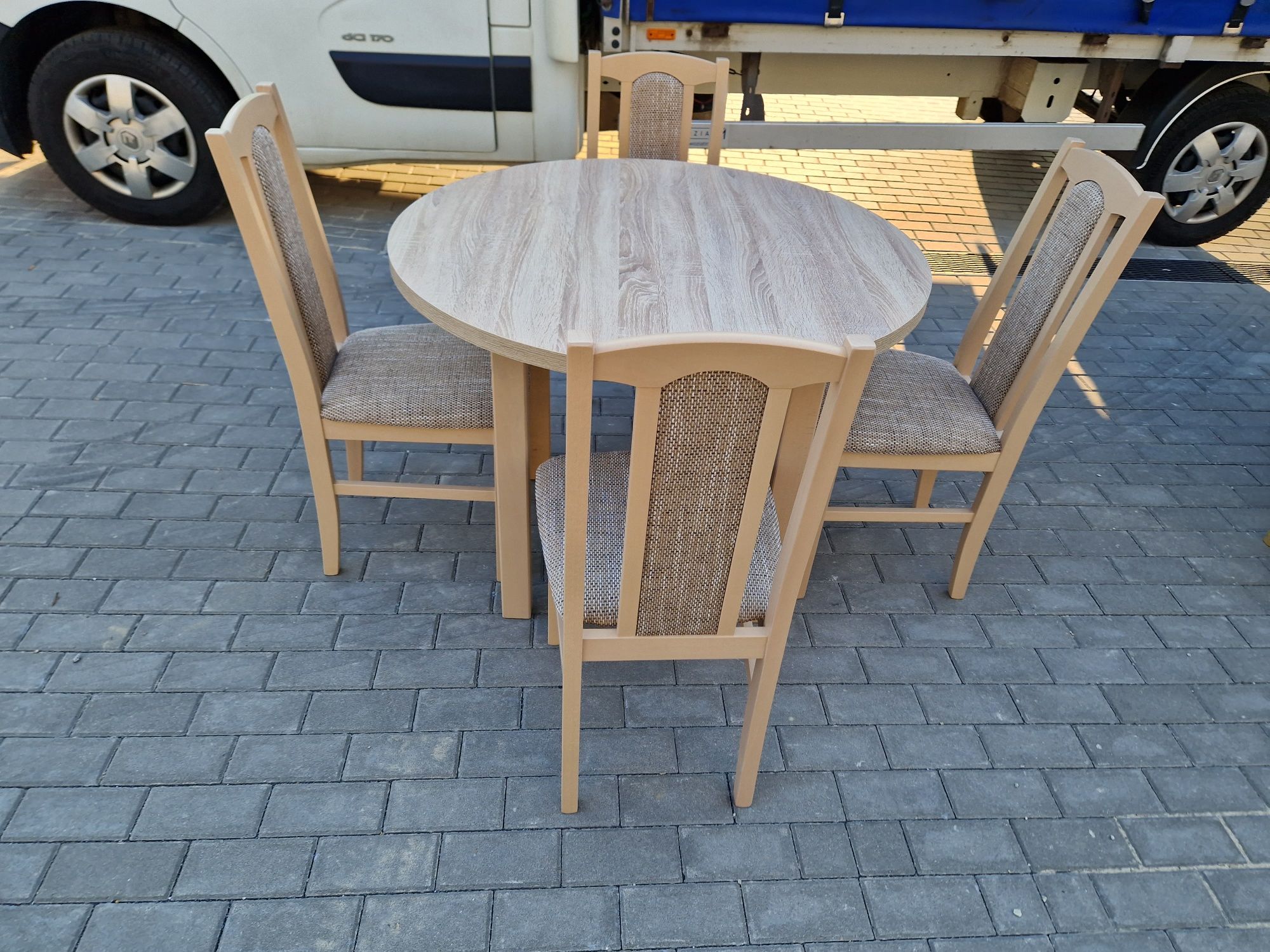 Nowe : Stół okrągły + 4 krzesła, sonoma + cappuccino , dostawa PL