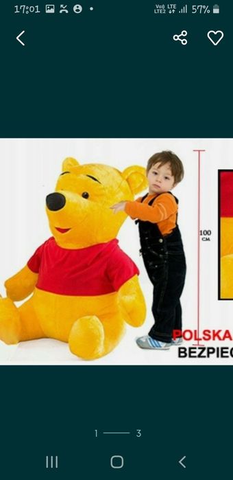 MIś GiGANT XXL Kubuś Puchatek maskotka  zabawka duza 1.30m nowa