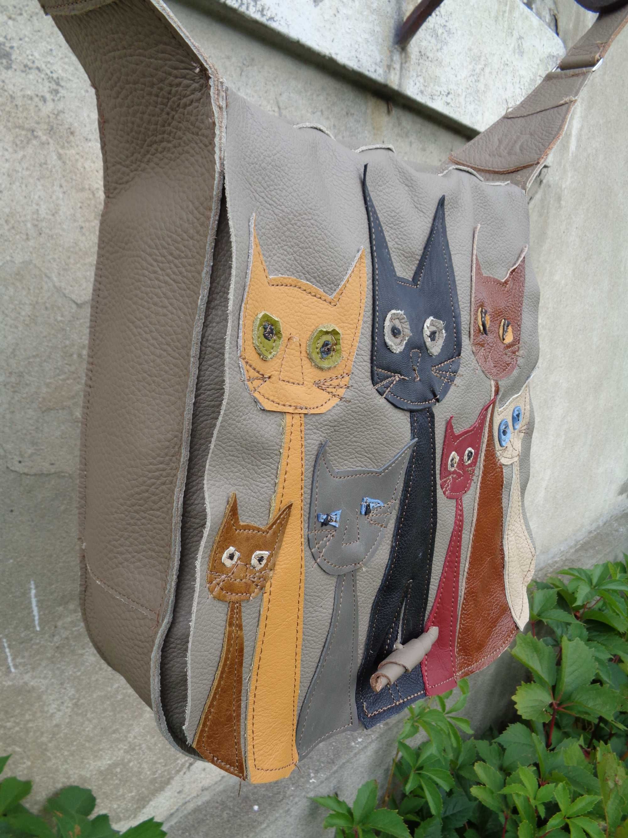 Artystyczna torebka skórzana z kotami.  Handmade