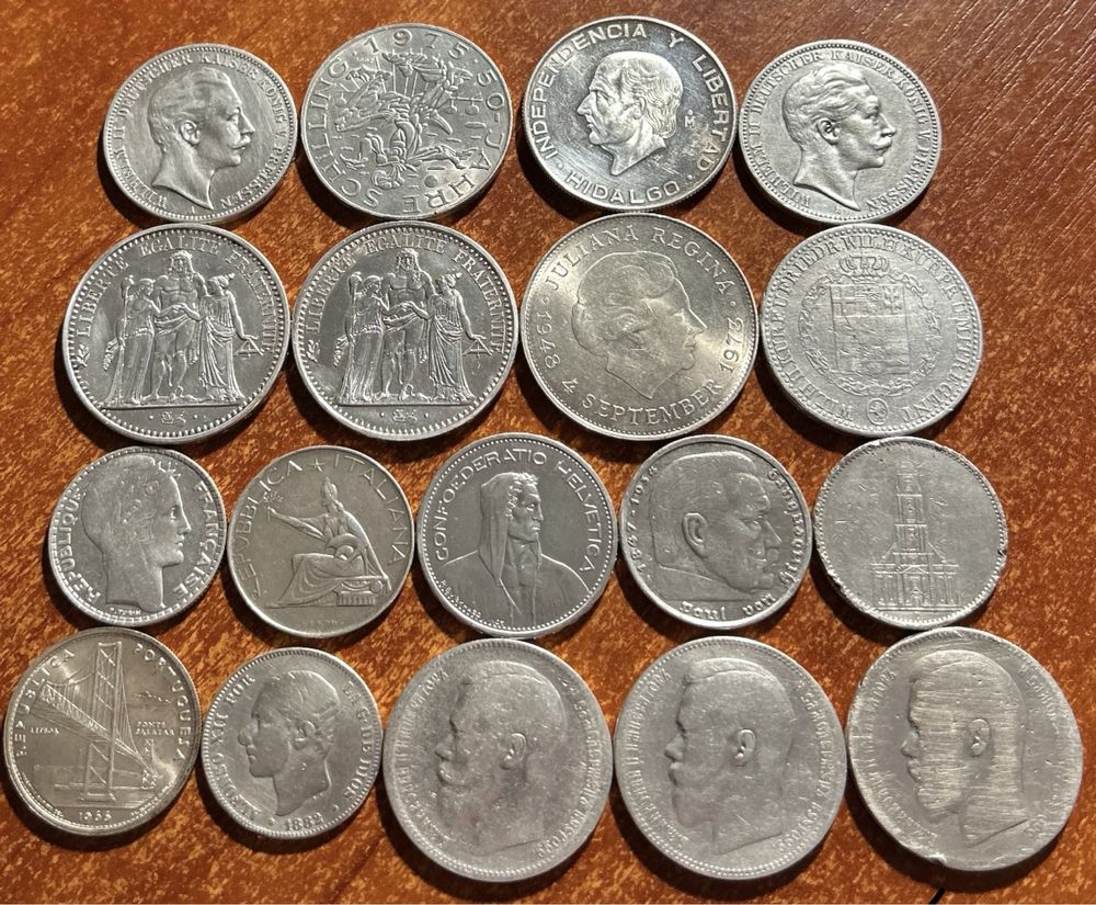 Серебряные монеты мира 20 штук разных годов и номиналов лот 1.