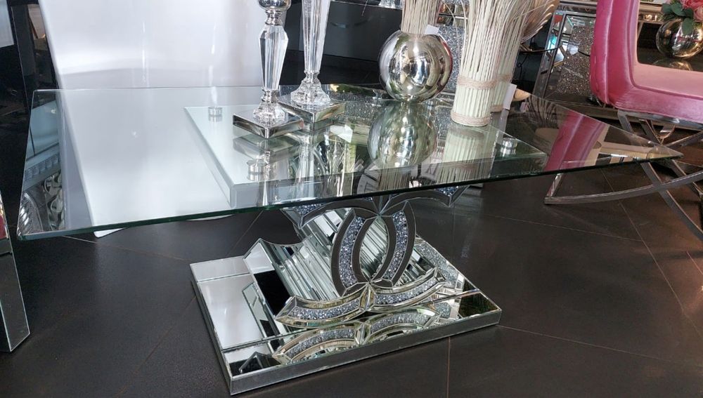 Nowoczesny lustrzany stolik kawowy z kryształkami glamour cc chanel ła