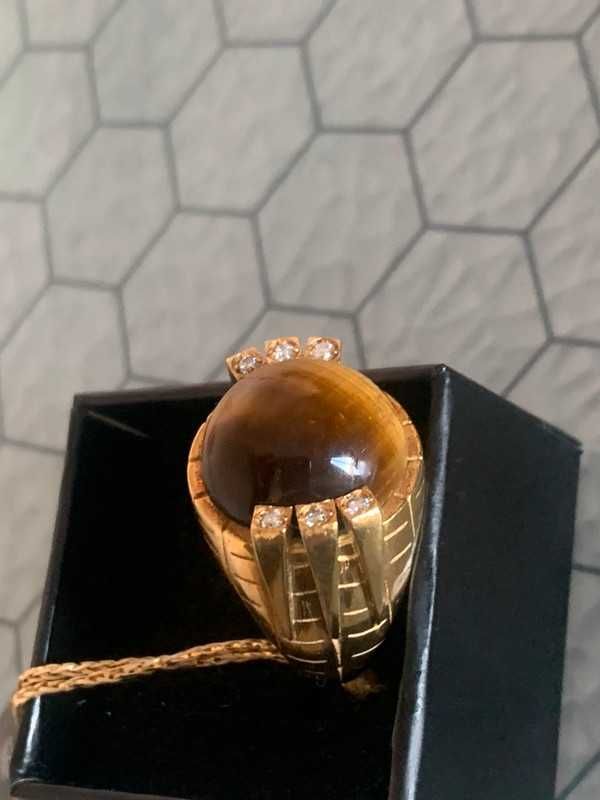 Anel ELITE prata e banho de ouro c/ olho de tigre e zirconias
