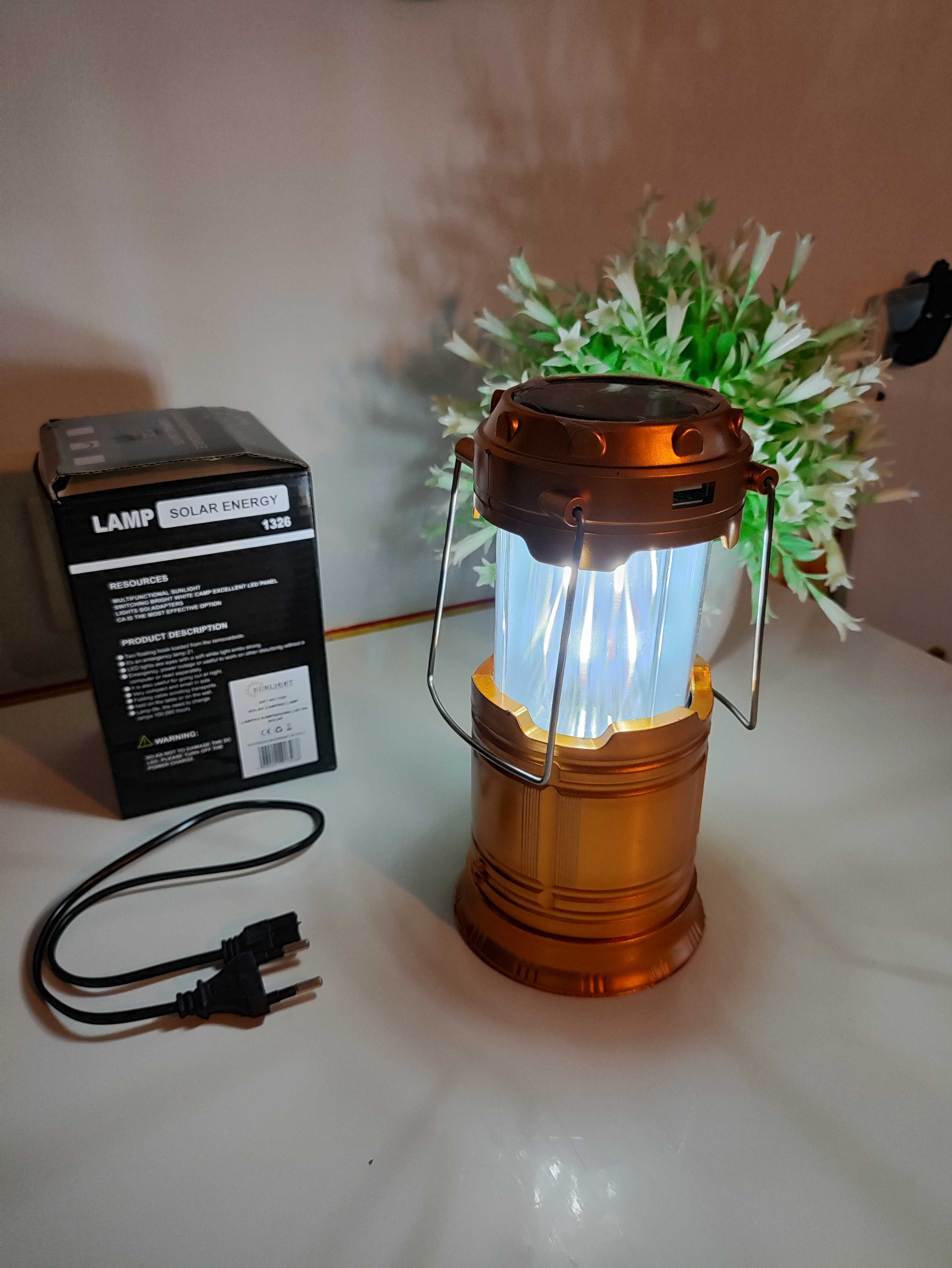 Lampka złota lampa przenośna kempingowa Latarka LED Solarna USB