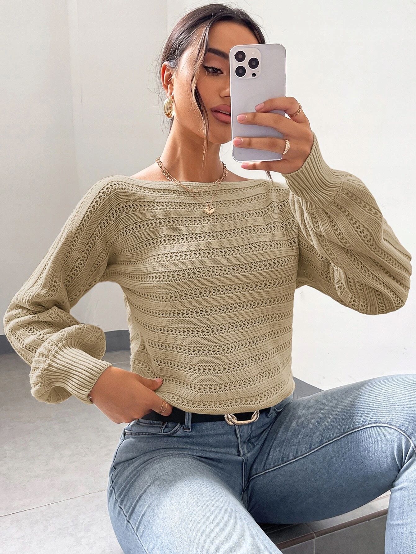 Sweter Z Rękawami Batwing Dekolt Łódka L 40