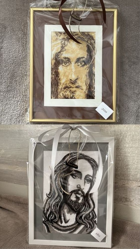 Haft krzyżykowy obrazy religijne rękodzieło Jezus Maryja Bóg prezent