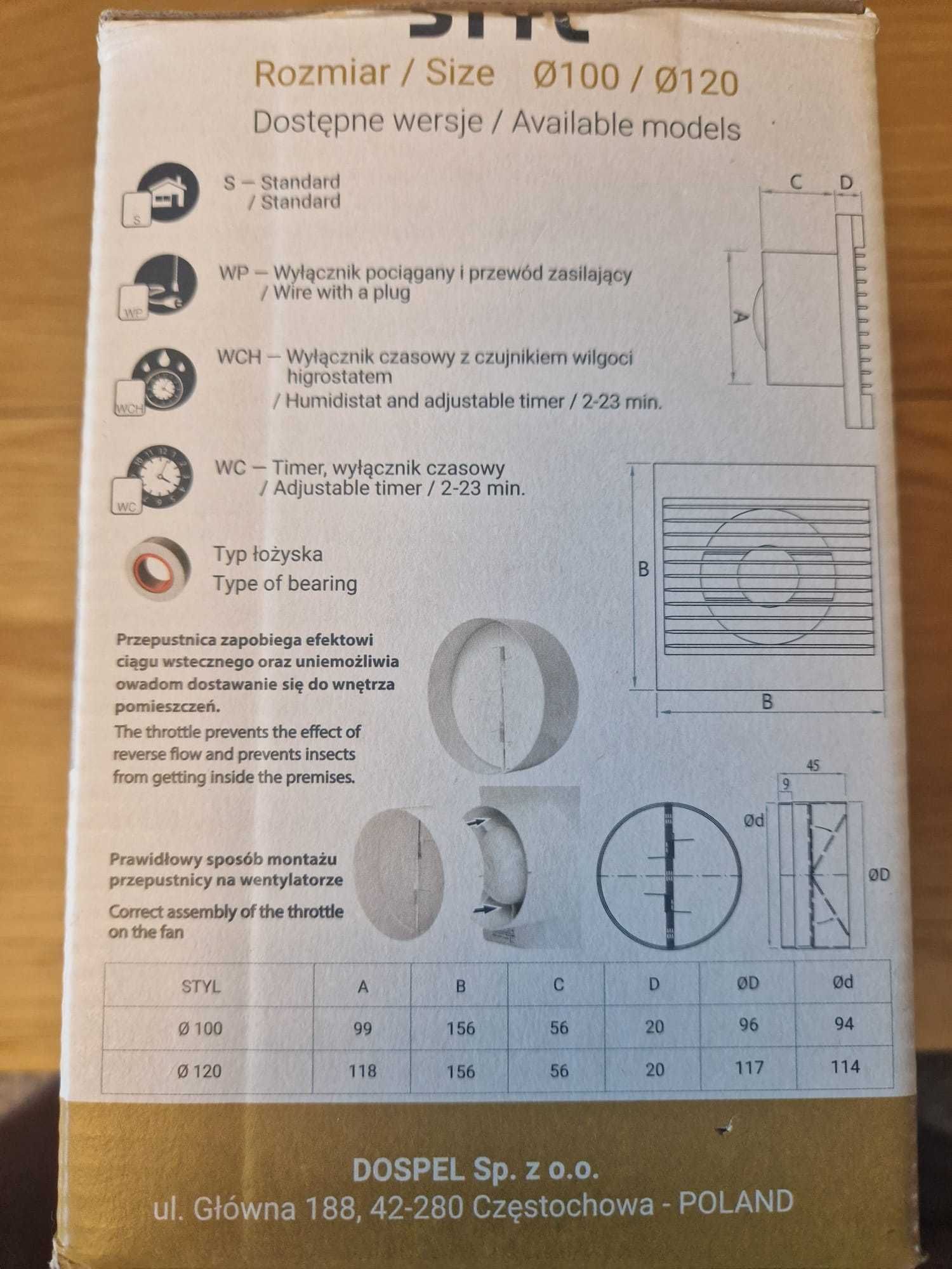 2 sztuki wentylatorów osiowych DOSPEL STYL 100 WC P – NOWE