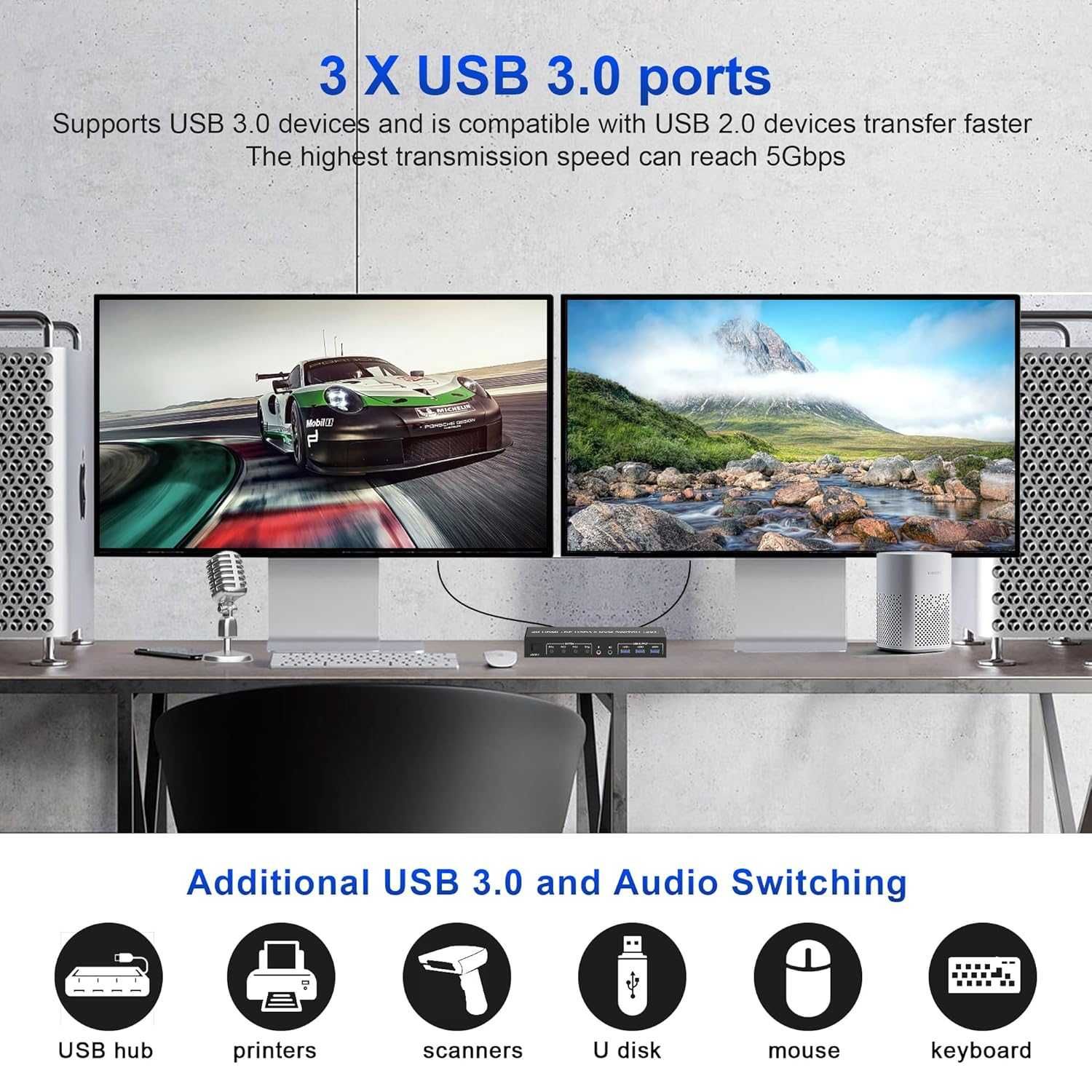 USB 3.0 4 port HDMI + Displayport KVM Switch Dual Monitor, 4K 60Hz