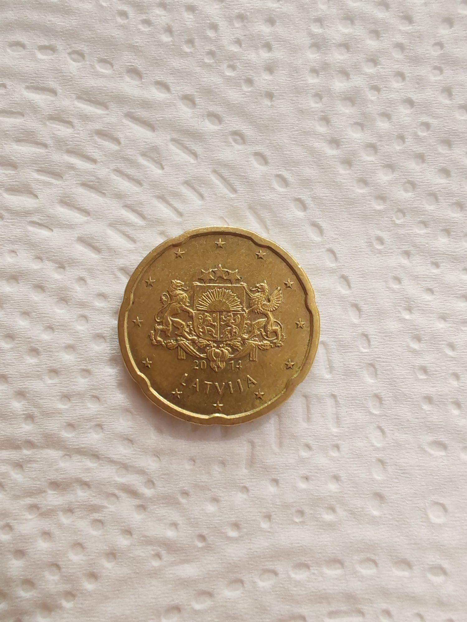 moeda de 20 cêntimos de euro da Letónia, cunhada em 2014.