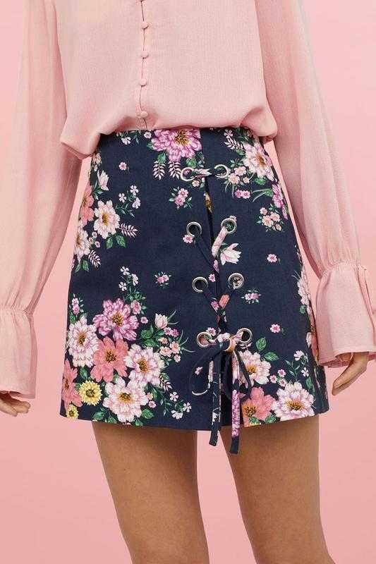 Новая юбка в цветочный принт, женская юбка со шнуровкой в цветы h&m