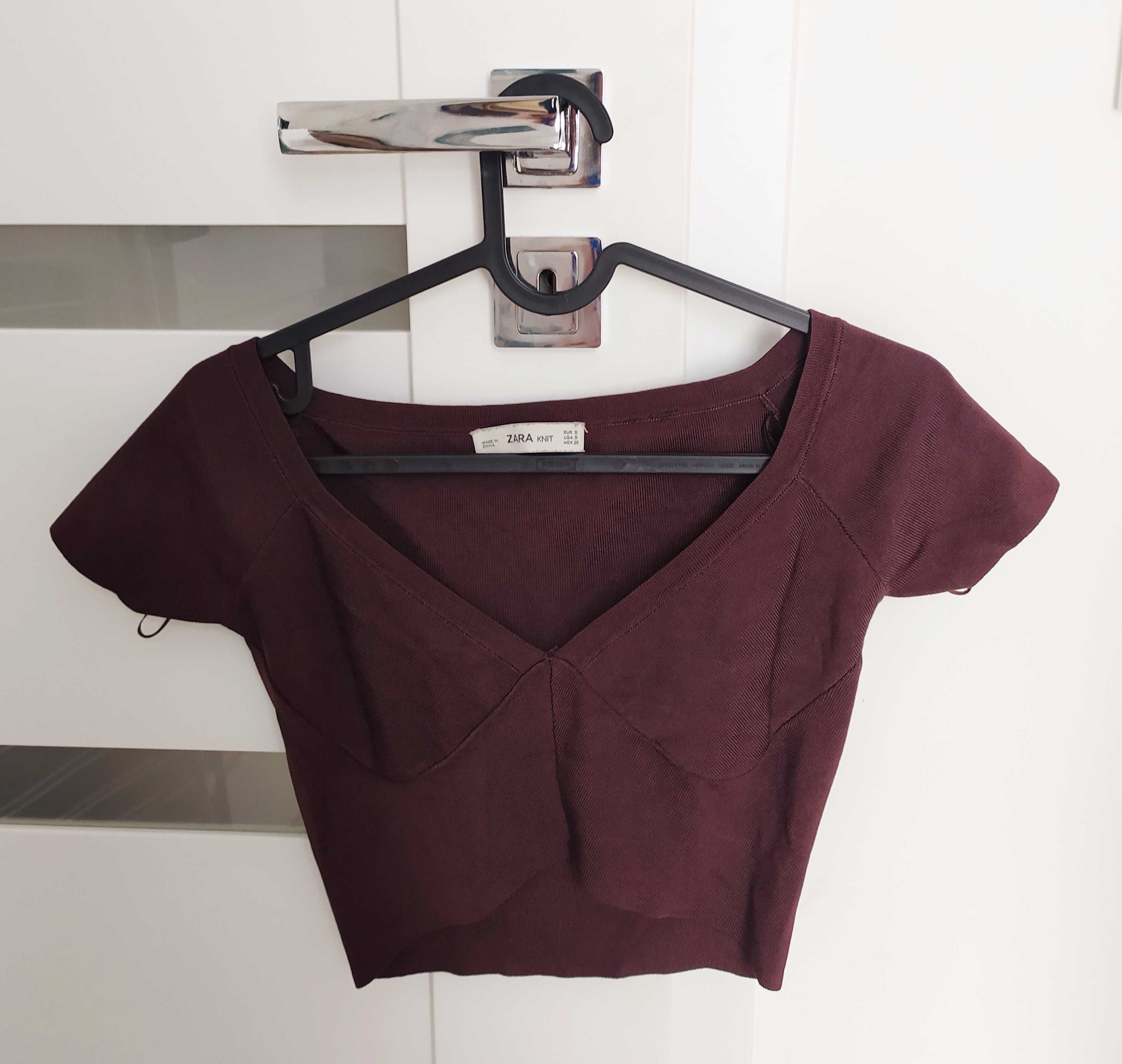 Krótki top koszulka Zara S damska brązowa knitwear
