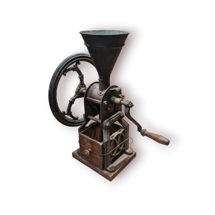 Moinho Manual Antigo em Ferro Fundido e Madeira – 60×42 cm