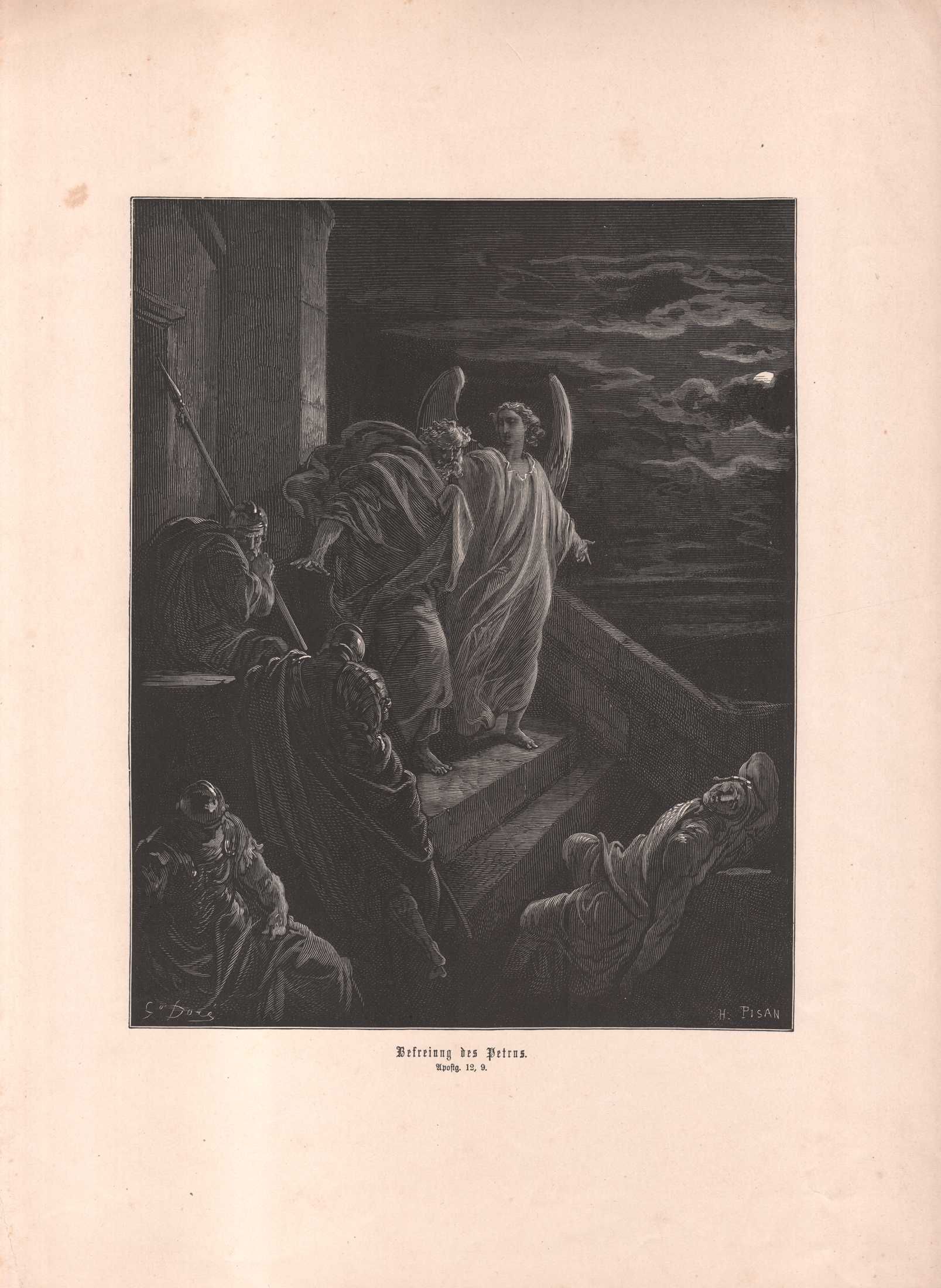 Dore: Wyzwolenie Piotra. Anioł. Biblia. Drzeworyt 1886 r. autentyk