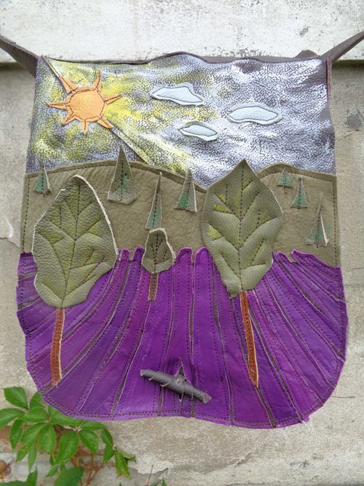 Artystyczna torebka skórzana z lawendowym polem.  Handmade