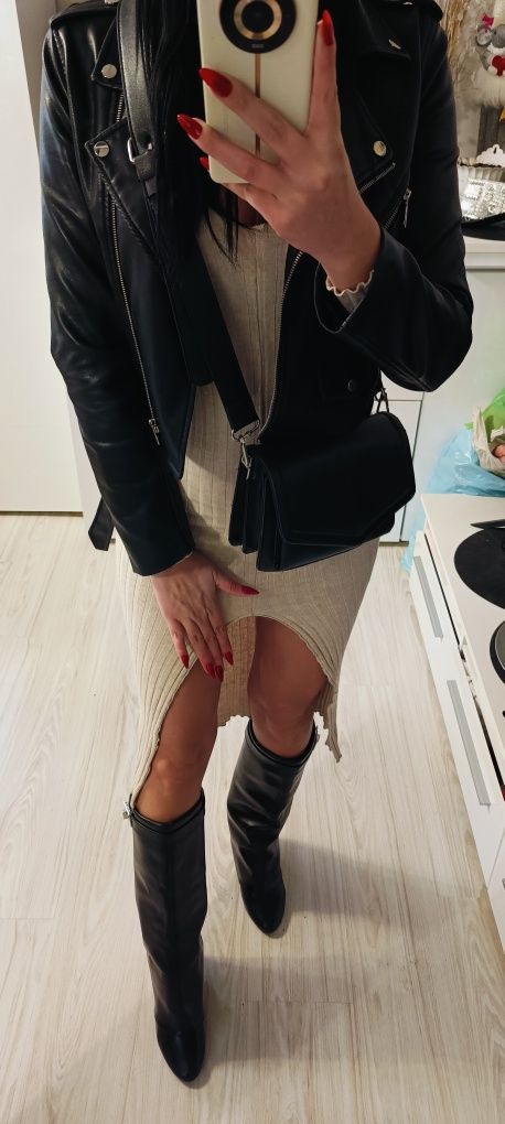 Piękna sukienka ZARA beż beżowa jesień Hit maxi dzianina prążek