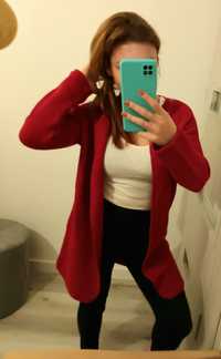 Długi sweterek, narzutka, kardigan, dzianina czerwona M/L