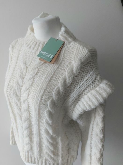 Nowy sweter ciążowy ecru biały ze splotem warkoczowym ciepły r. S piec