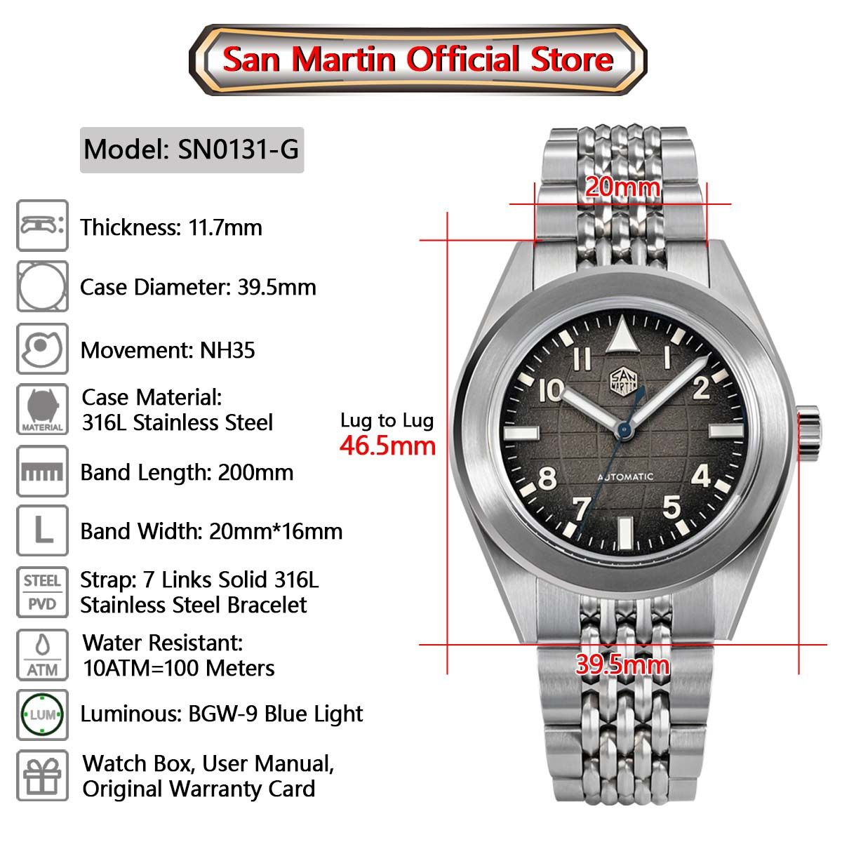 Новые часы Sanmartin SN0131-g gmt san martin мужские NH35