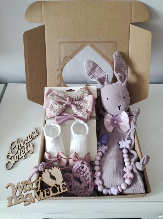 Fioletowy zestaw baby shower narodziny chrzest prezent baby box