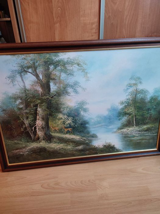 Duży kolekcjonerski obraz Kingham pejzaż z jeleniami w masywnej ramie