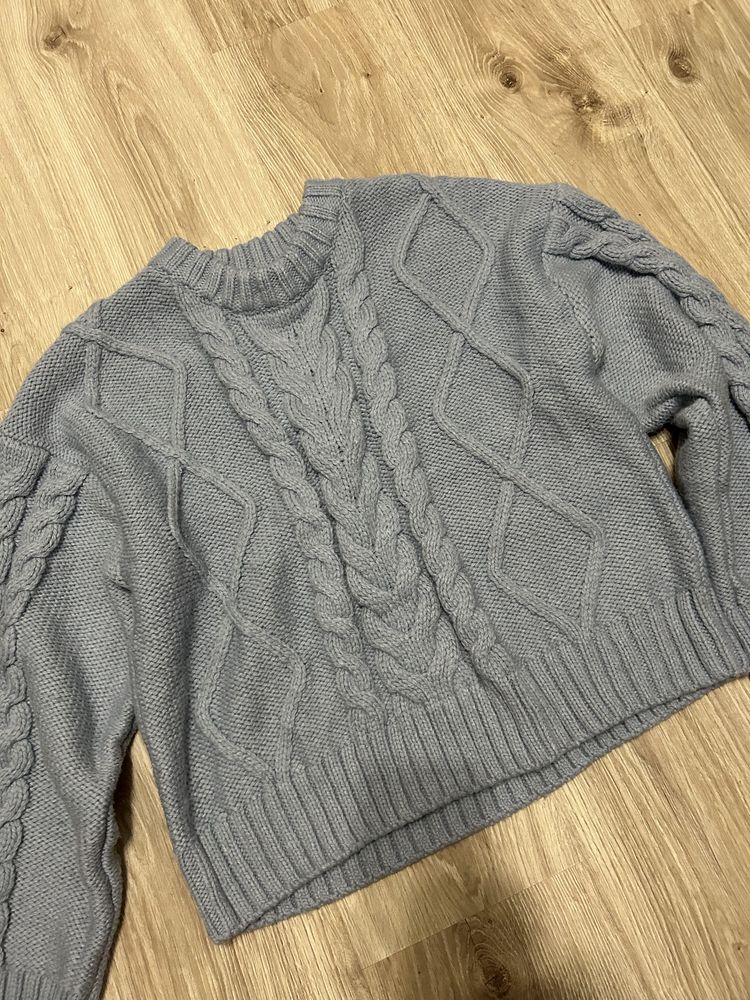 Sweter warkocz jasnoniebieski H&M M gruby ciepły splot