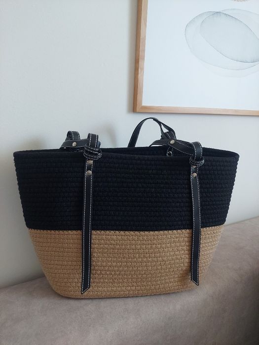 Duża torba koszyk czarno-beżowa – styl boho, idealna na lato, nowa