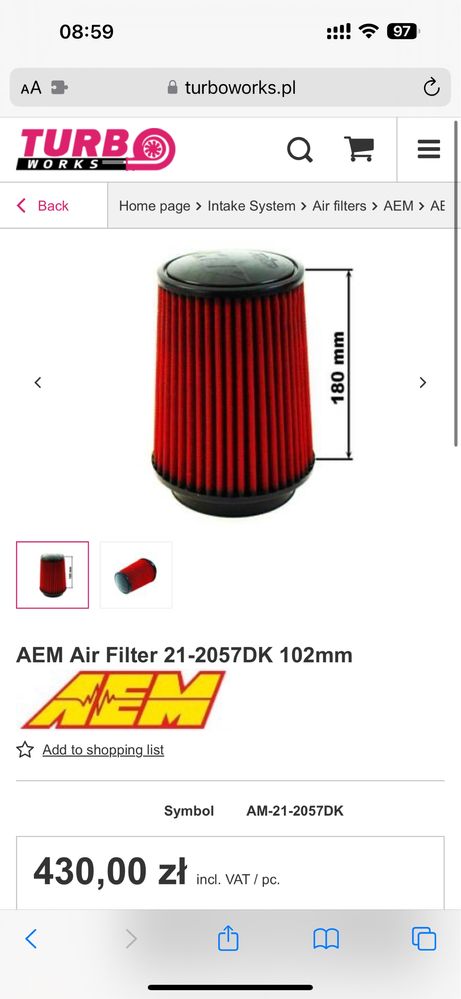 Filtr stożkowy  AEM Air Filter 21-2057DK 102mm