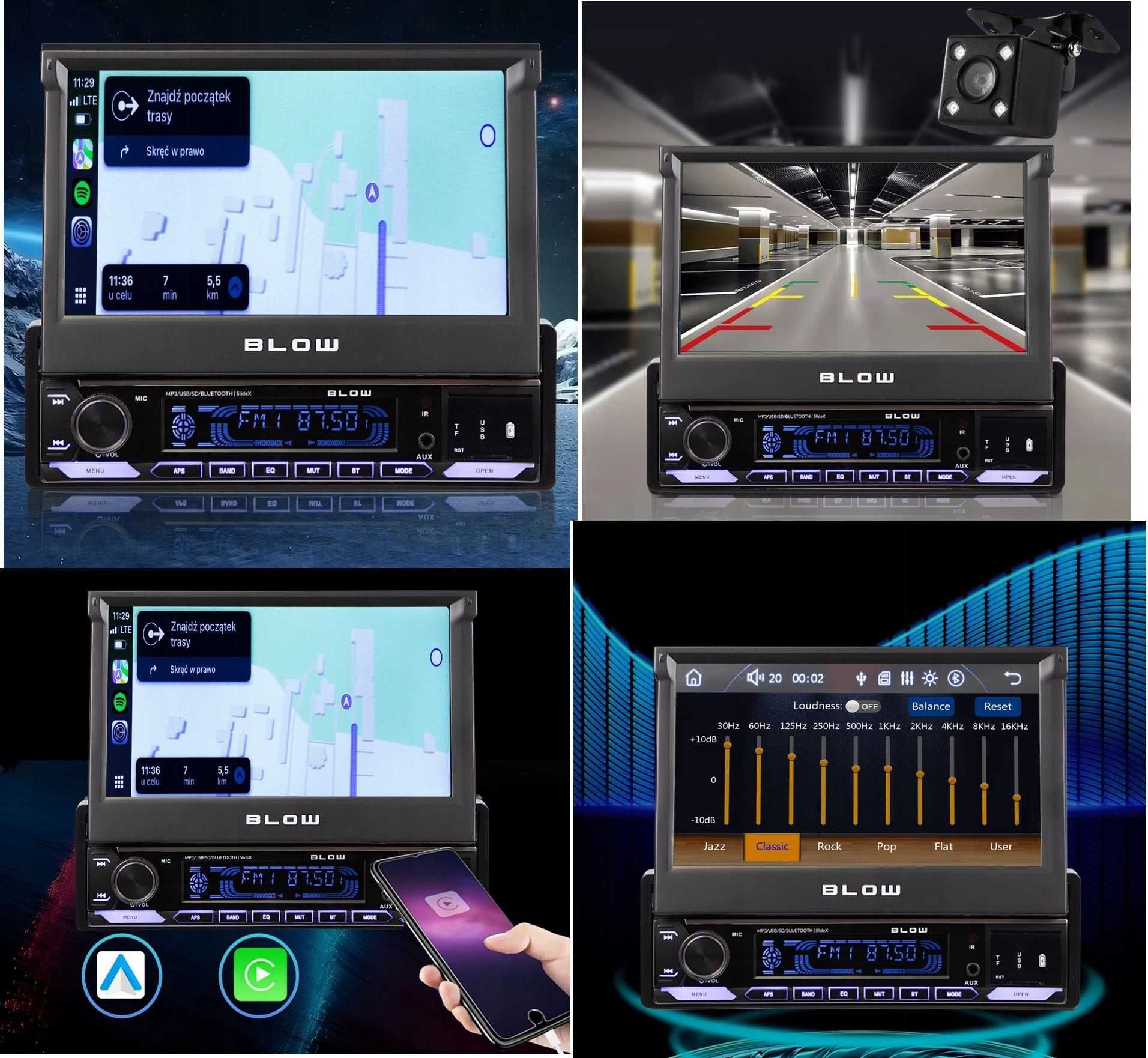 Radio samochodowe Wysuwany Ekran 7 Carplay Bluetooth Android Auto 1DIN