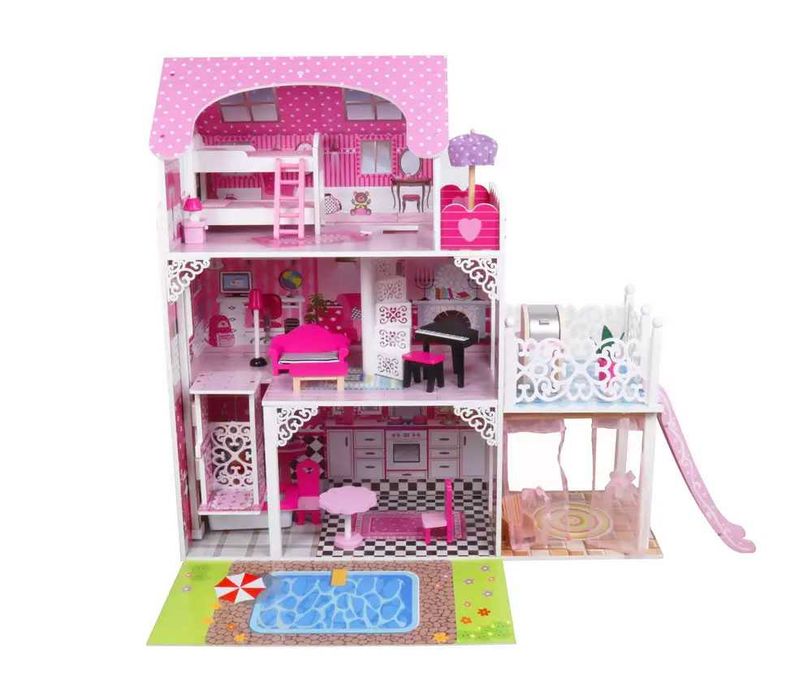 Drewniany domek dla lalek typu Barbie, Steffi Taras + Basen + LED