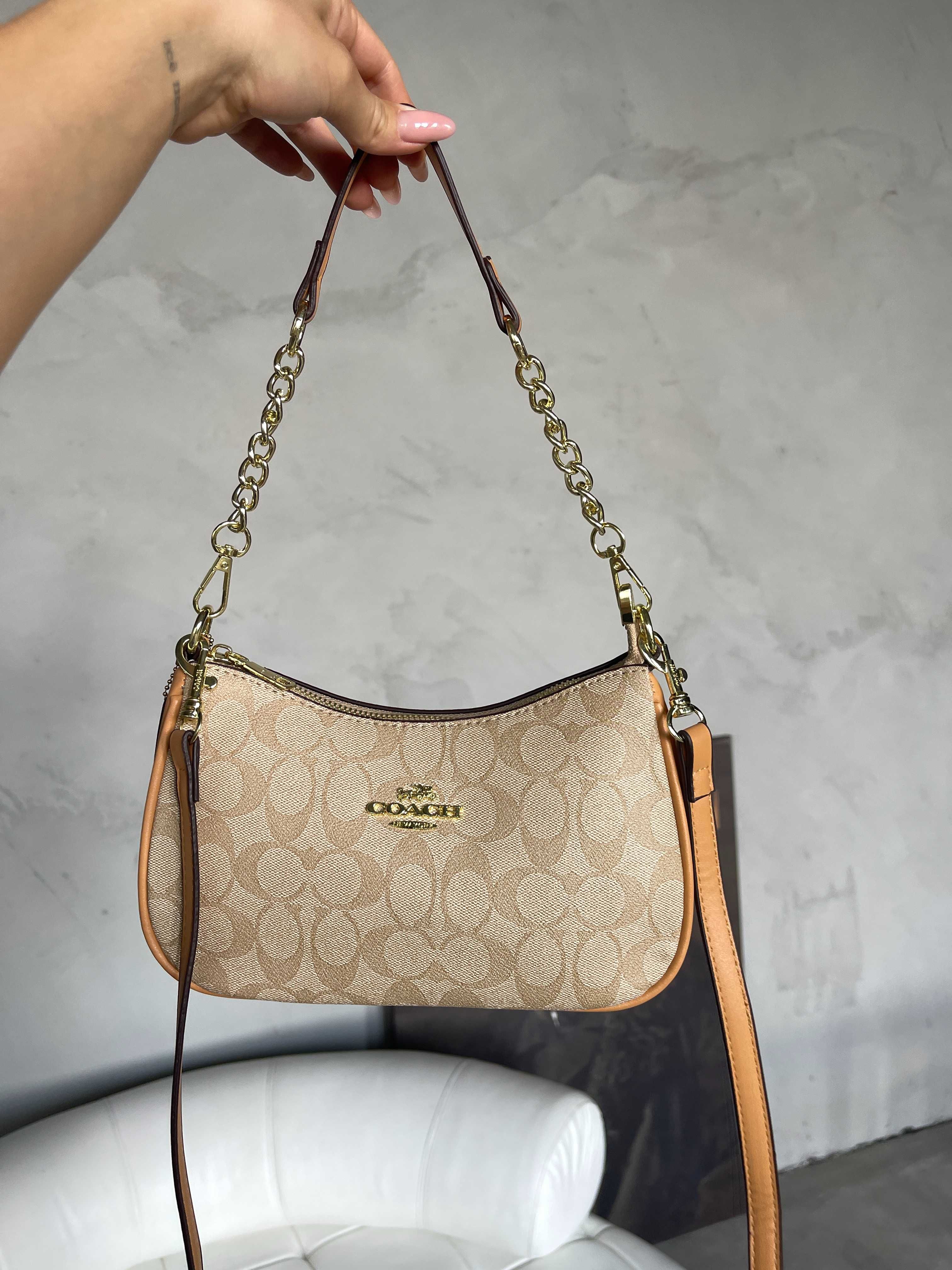 Сумка Coach через плече багет Bolso de hombro Teri коричнева, молочна