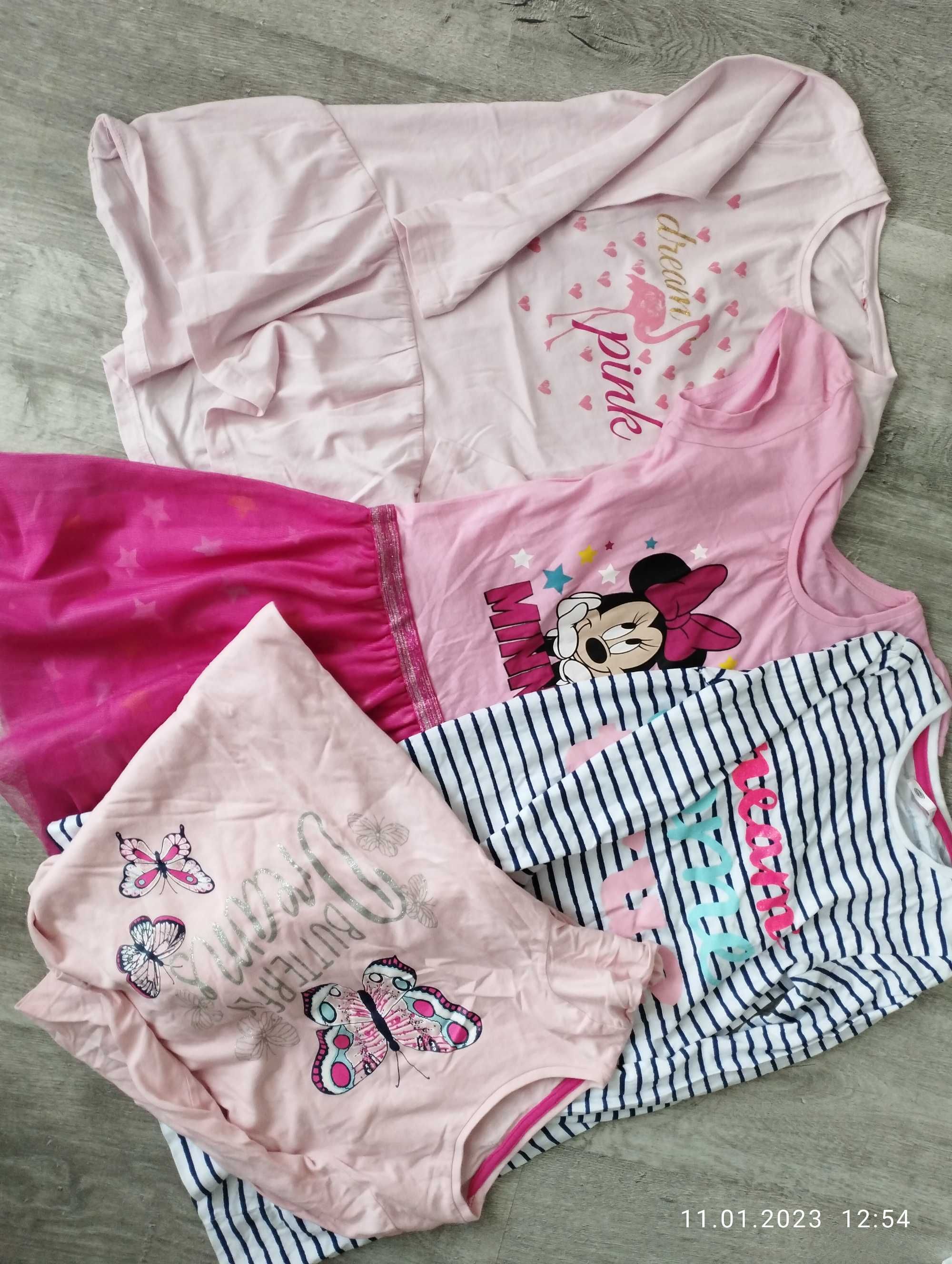Dla bliźniaczek 122/128 paka ubranek sukienki Minnie i inne