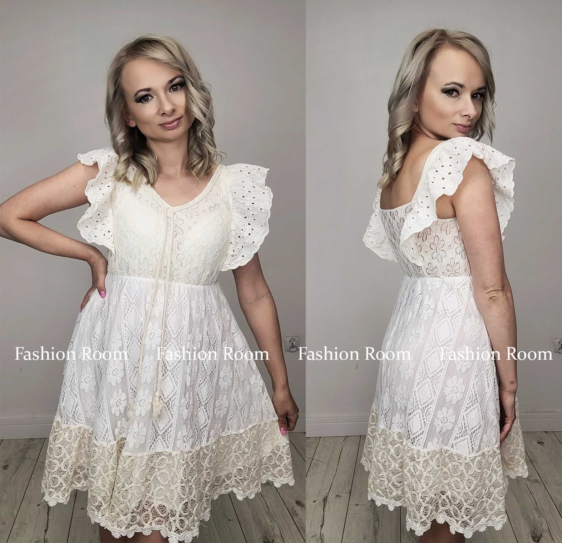 Sukienka BOHO romantyczna kolor kość słoniowa ecru nude UNI