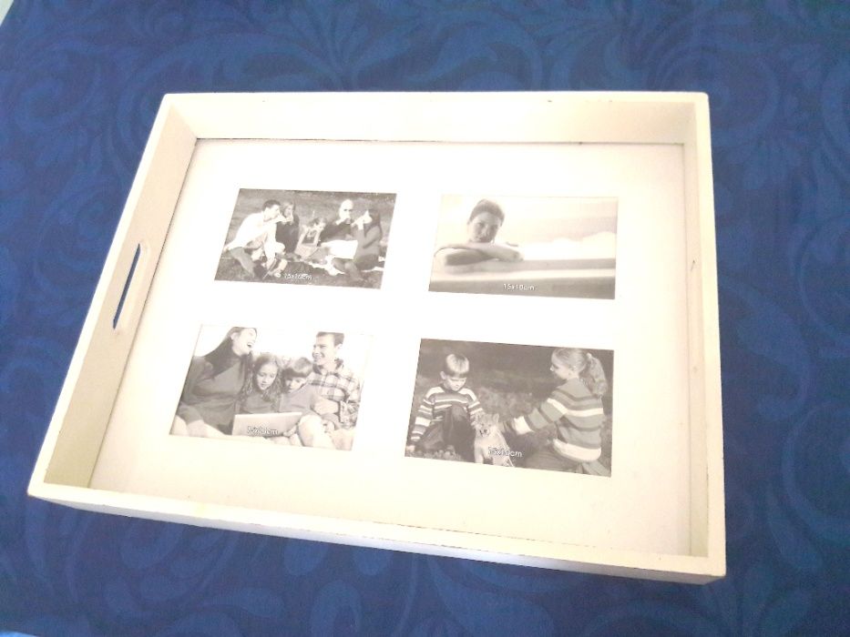 Tabuleiro de madeira com fundo em vidro