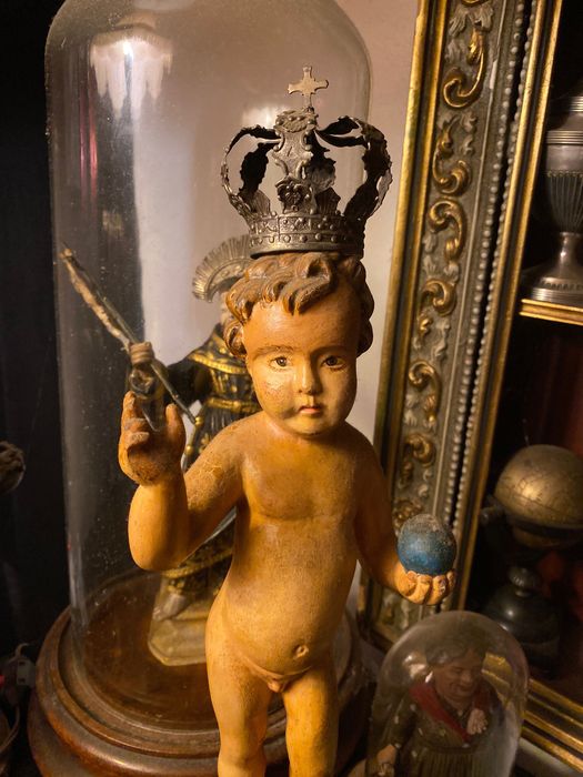 Menino Jesus Salvador do Mundo Madeira séc XIX Coroa Prata Portuguesa