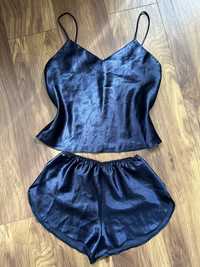Satynowa piżama zestaw granatowa niebieska M vintage