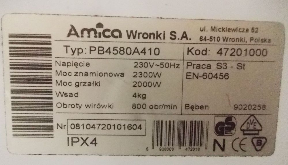 części do pralki Amica ecotronic 800